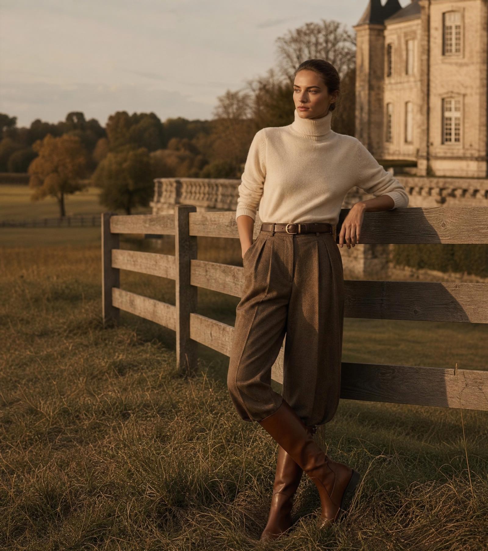Elegant woman in cream cashmere and mocha trousers in an autumn countryside estate setting
